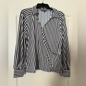 Adrianna Papell Stripped Blouse, Size Large, Colors Green, Black, White, & Blush